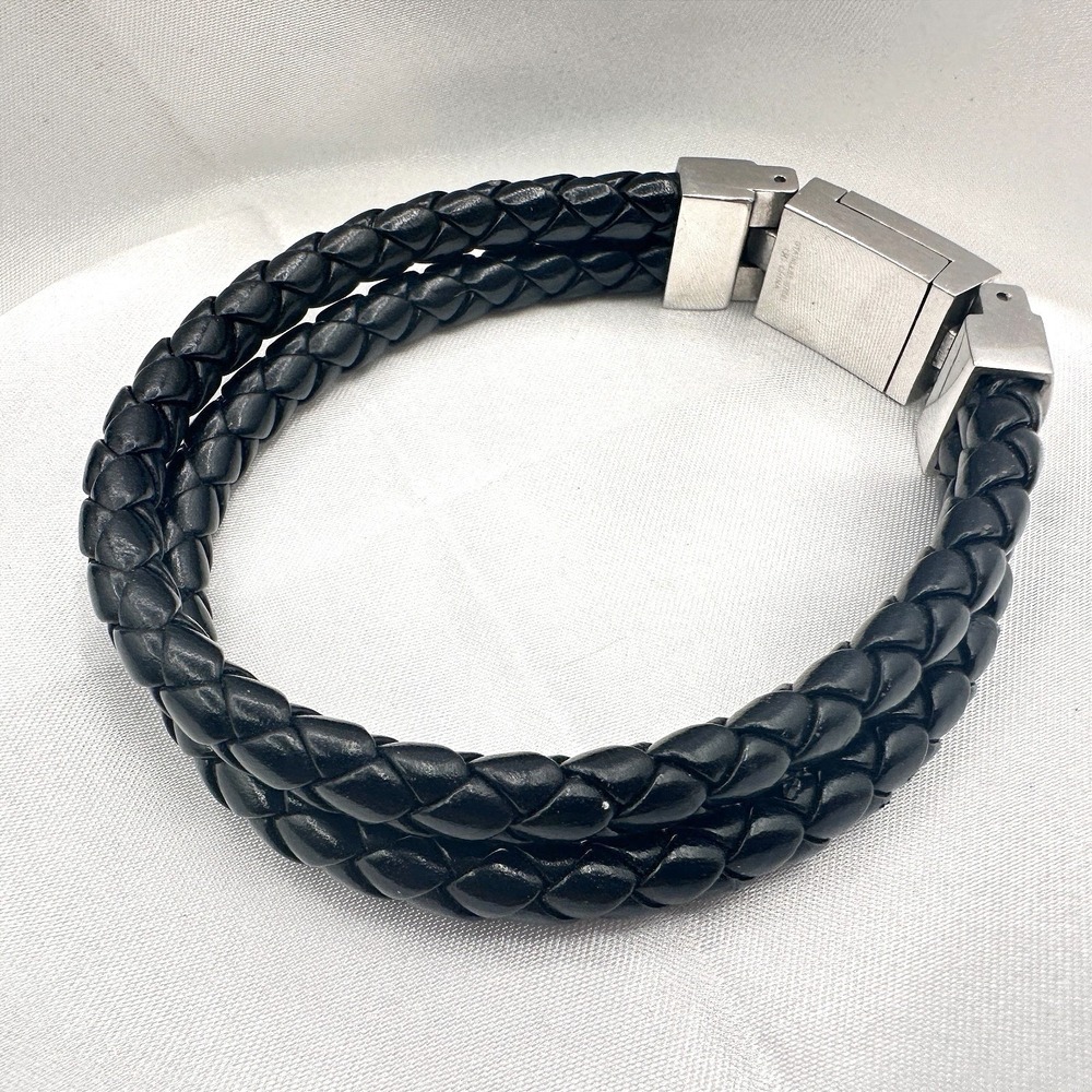 Vintage Y2K Black Double Strand Leather Braided Bracelet Silver Tone Jewelry 90s